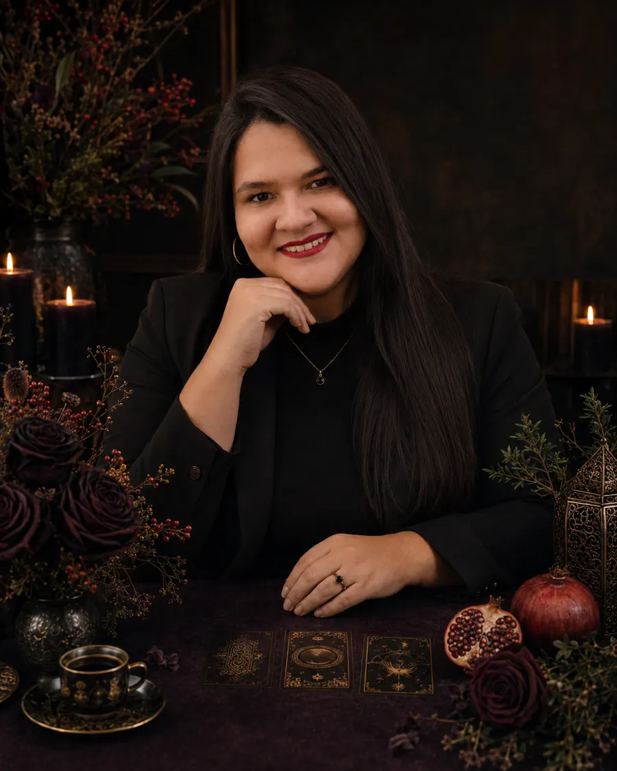 Profissional de tarot em ambiente de atendimento com cartas e elementos simbólicos
